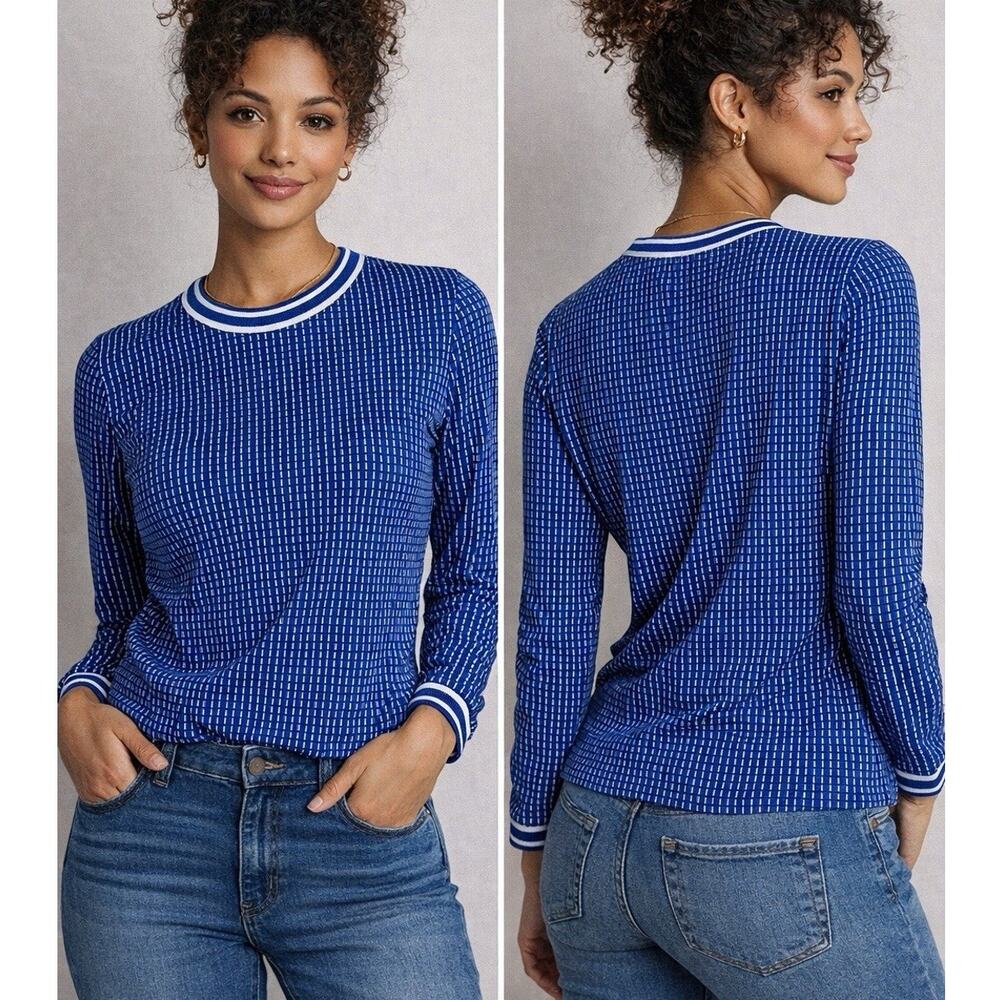 Liz Claiborne Blue Grid Top Small Stretch Knit Long Sleeve Casual Workwear